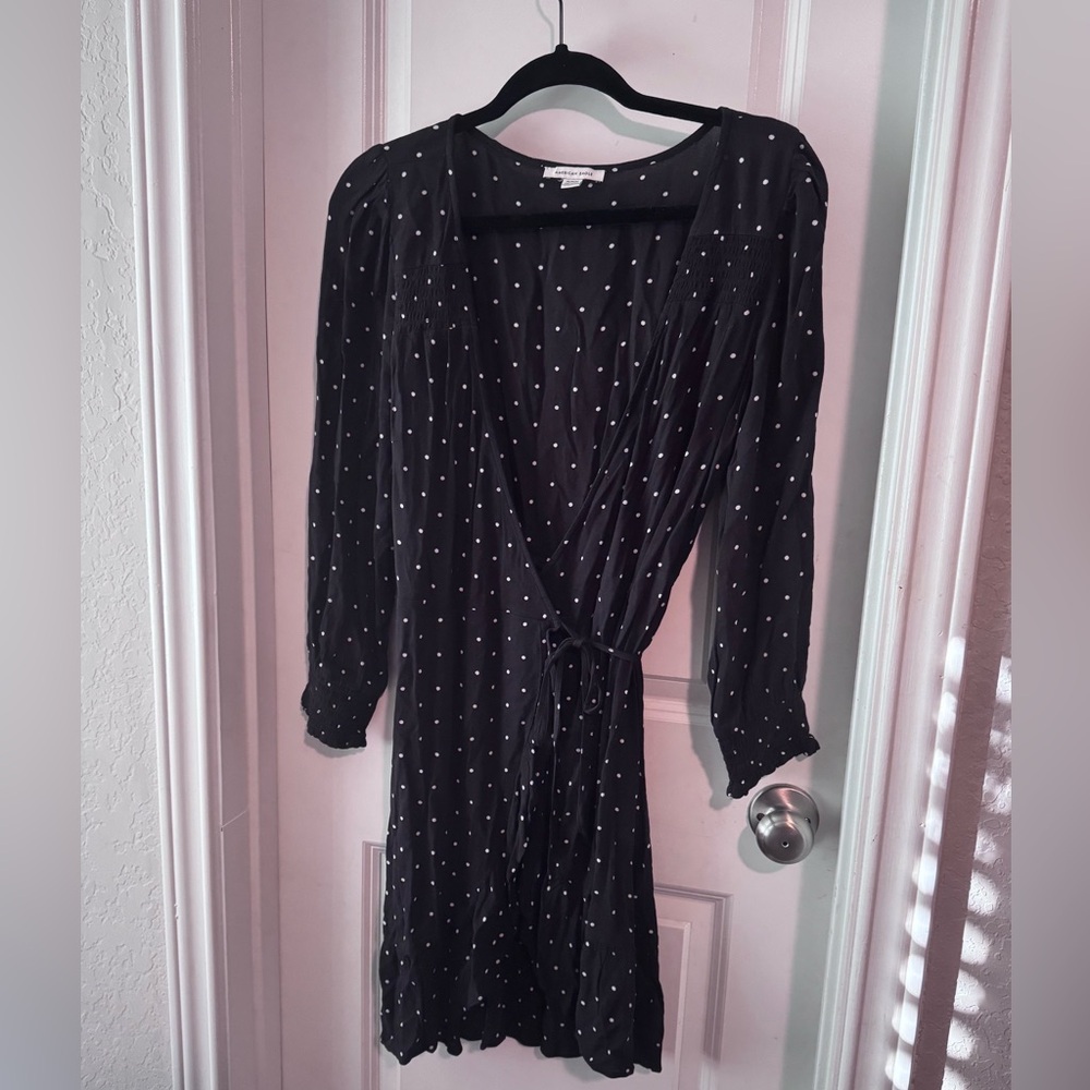 American Eagle Outfitters Black Wrap Dress with Bishop Sleeves